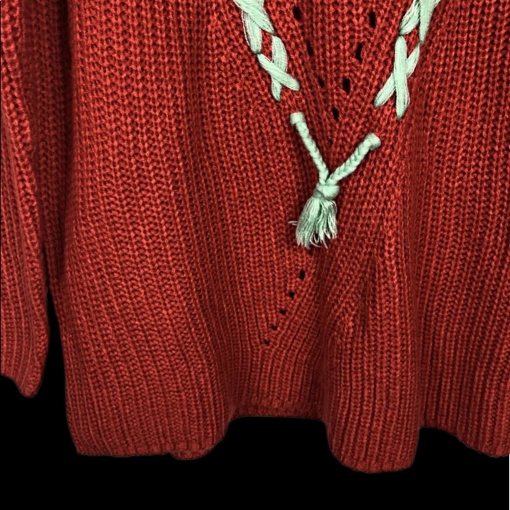 Hayden LA Lace up Braid Tassel Sweater Rust orange kids sweater - Picture 6 of 9